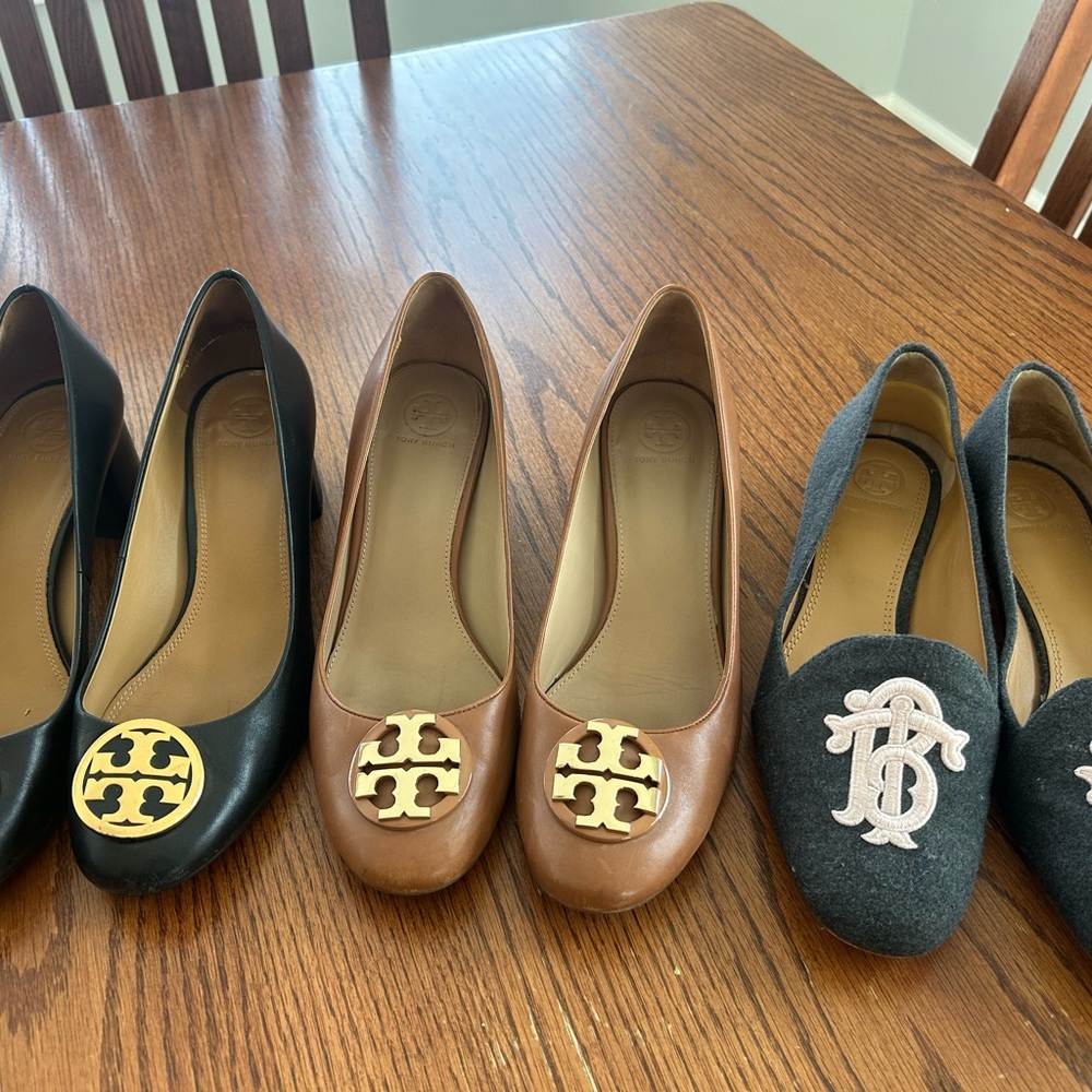 Tory Burch Black, Brown heels and Gray Flats Collection- includes all 3 pairs